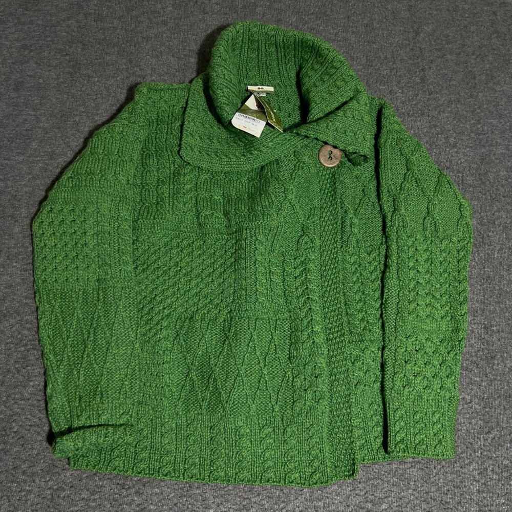 Carraig Donn Irish Aran Sweater Green 100% Merino Wool Shawl Collar XL NWT